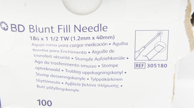 BD 305180 Blunt Fill Ndle Not For Skin Injecton 18G x 1 1/2 TW - Box of 96